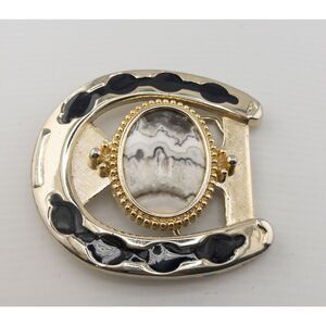 Western‎ Belt Buckle Gold Horseshoe Black White Semi Precious Stone